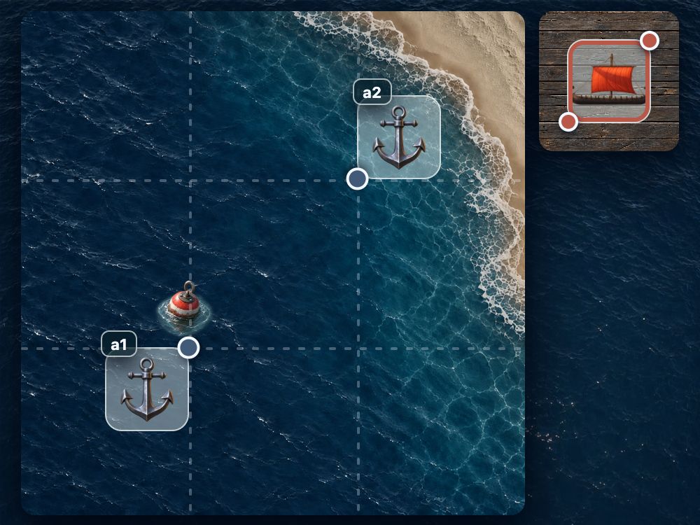 Two anchors and a target with marked corners, before attachment