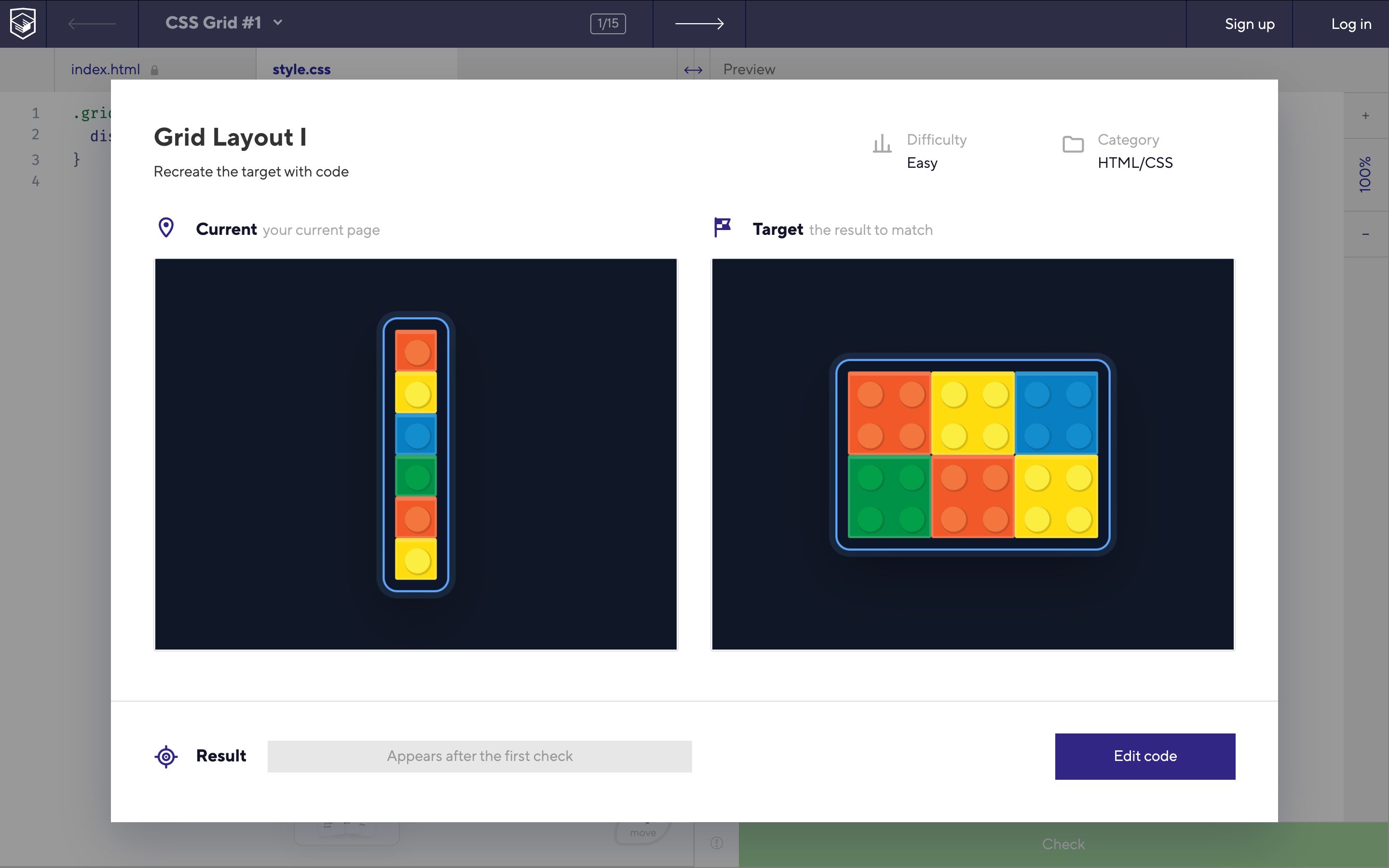 CSS Grid challenge: turn a column of coloured blocks into a grid matching the target.